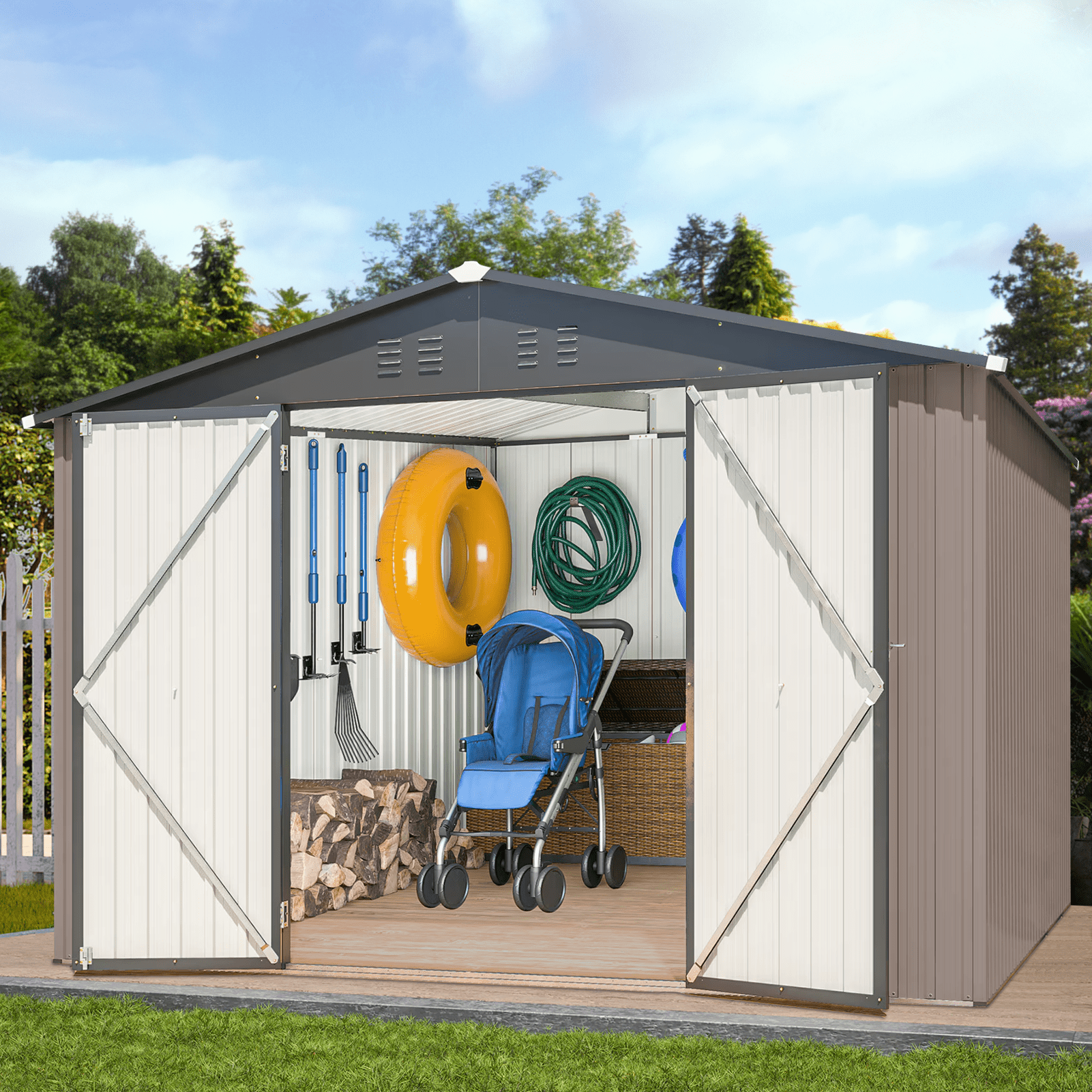 10 x 10 FT Outdoor Metal Storage Shed, Steel Garden Shed with Double Lockable Door, Tool Storage Shed for Backyard, Patio & Lawn Brown