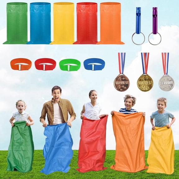Natonhi 14pcs Potato Sack Race Bags, Outdoor Games Sack Race Bags Kit Include Potato Sacks, 3-Legged Race Bands, Plastic Medals Outdoor Lawn Party
