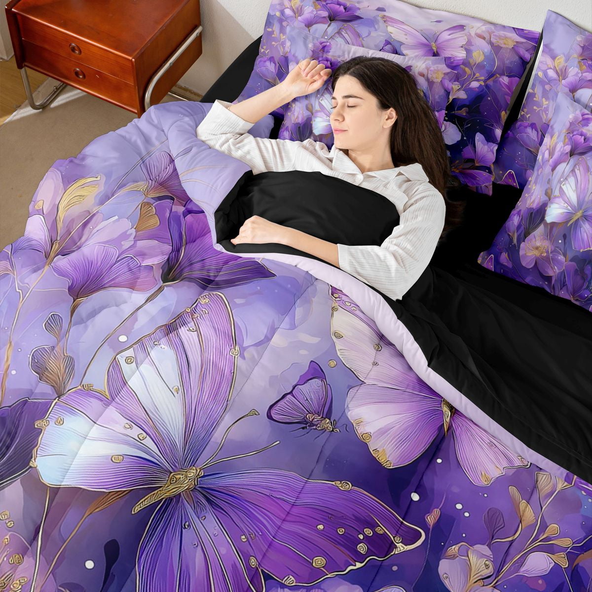 Homewish Floral Butterflies Girl 7-Piece Twin Bedding Sets,Gradient Purple Bedding Comforter Set,Dreamy Princess Breathable Sheet Sets,Microfiber Bedroom Decor,Reversible