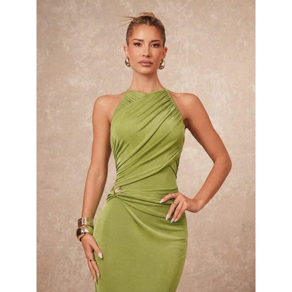Olive Green Elegant Halter Neck Ruched Criss-Cross Bodycon Dress For Women
