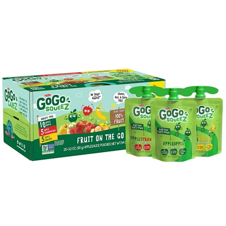 GoGo SqueeZ Applesauce, Variety Pack (Apple/Banana/Strawberry), 3.2 Ounce (20 Pouches), Gluten Free, Vegan Friendly, Unsweetened, Recloseable BPA Free Pouches (280103)