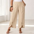 thumbnail image 2 of Thousandth Women's Cotton Linen Pants Casual Summer Elastic Waist Wide Leg Loose Fit Palazzo Pants Cropped Trousers with Button Decor and Slit Hem Daily Wear, 2 of 7
