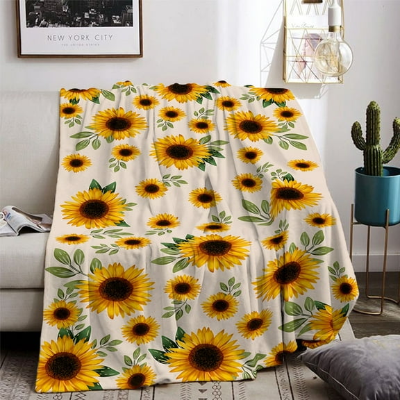 Sunflower Print Flannel Throw Blanket - Soft, Warm, Multifunctional Gift Blanket for Sofa, Office Bed, Camping Travel - All-Season, Contemporary Style, Polyester