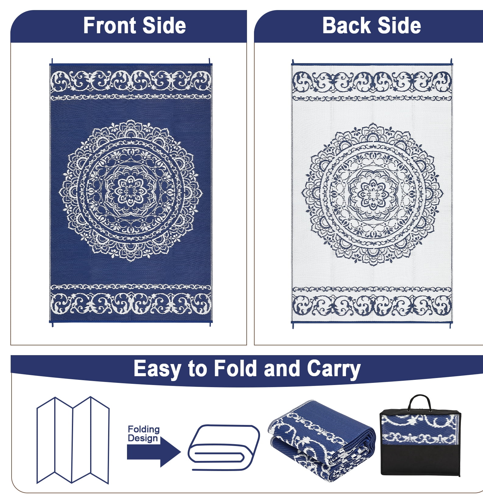 Gavee 9'x12' Boho Outdoor Rug, Waterproof Reversible Patio Area Rug Indoor Outdoor Carpet, Plastic Straw Rug RV Outdoor Mat for Camping Deck Balcony, Porch, Picnic, Dark Blue and White