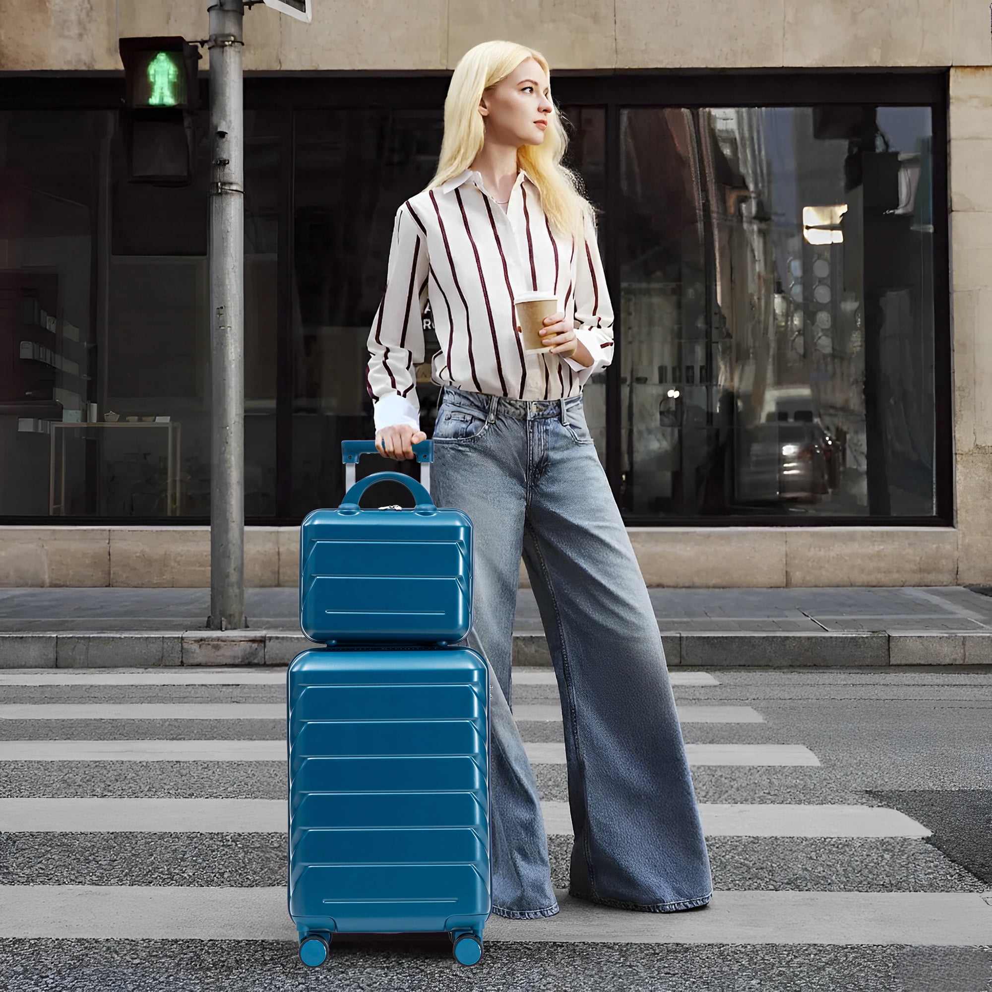 14"/20" 2 pcs/set in ABS Spinner Wheel Luggage, with Combination Lock, 14" Cosmetic Case (Dark Blue)