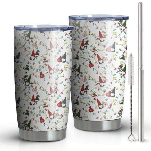 20oz Tumblers White Christmas Gnome and Light Pattern Stainless Steel Vacuum Insulated Double Wall Travel Tumbler Cups Mug with Lid and Straw,Cleaning Brush for Cold & Hot Drinks