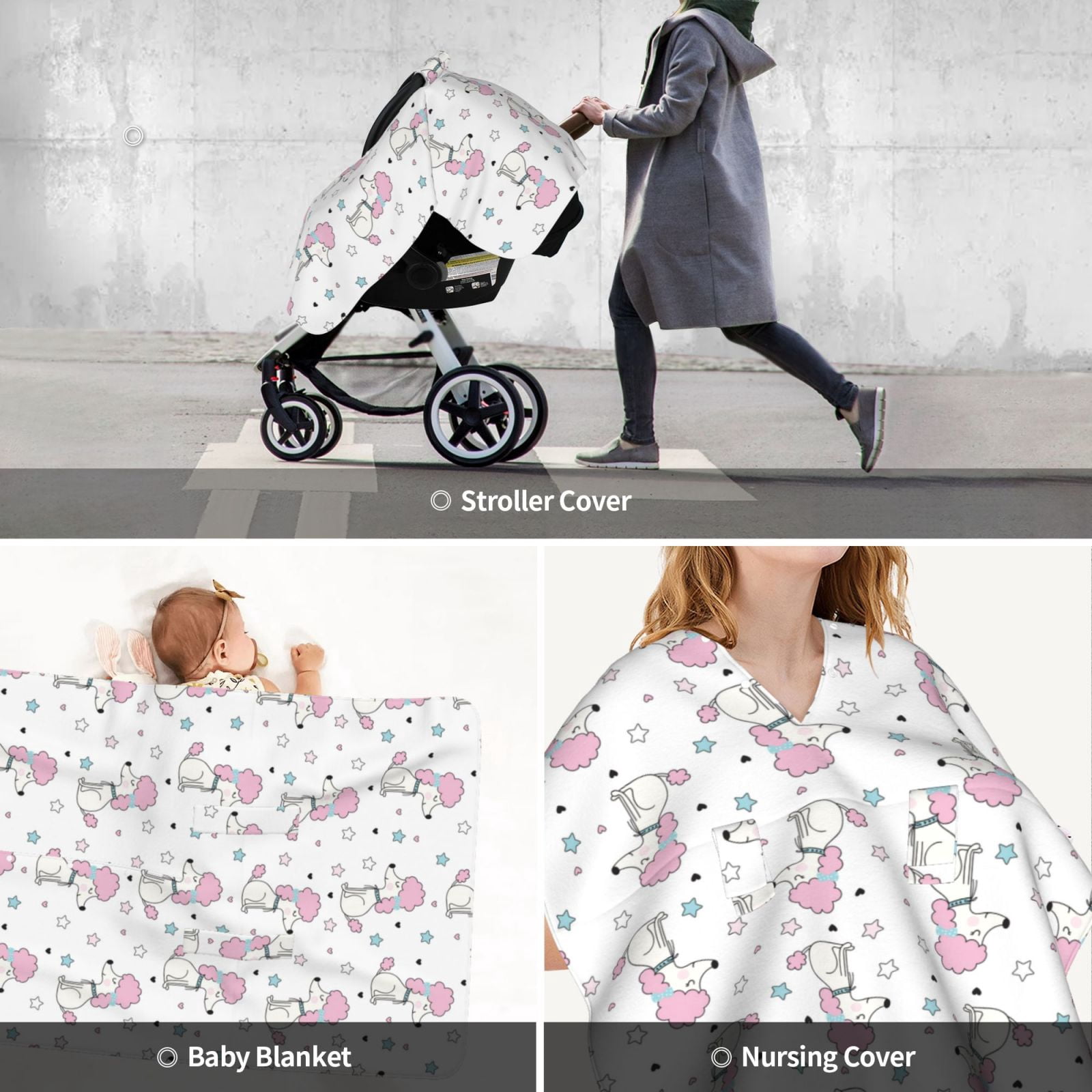 Car Seat Cover Baby - Pink Cute Poodle Dog Stars Breathable Infant Car Seat Cover for Baby Carseat, Lightweight Comfort Baby Essentials Must Haves Newborn Stuff for Girl Boy