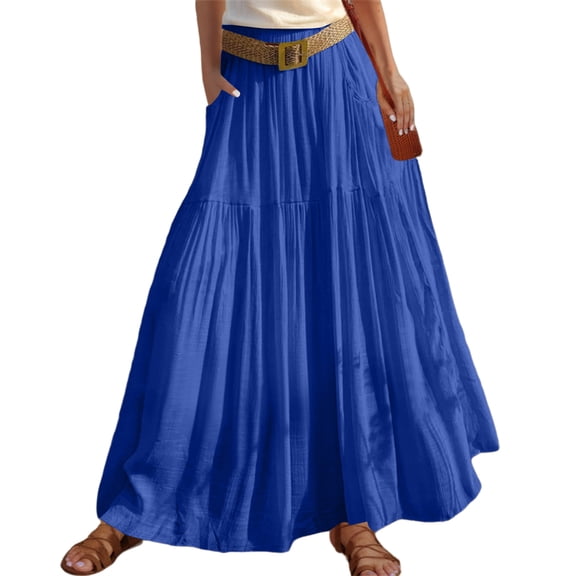 Bbyeadc Long Skirts for Women Cotton Linen Elastic Waist Pleated Skirts High Waisted Flowy Solid Color Casual Playtime Outfits with Belt,Blue (M)