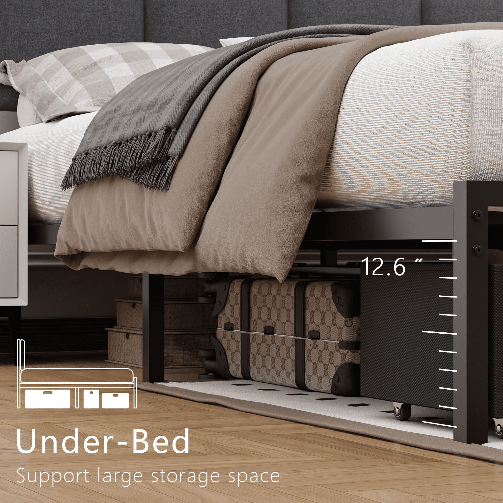 Tydimor Queen Upholstered Sturdy Metal Bed Frame with LED Lights, 2 Storage Drawers & Charging Station