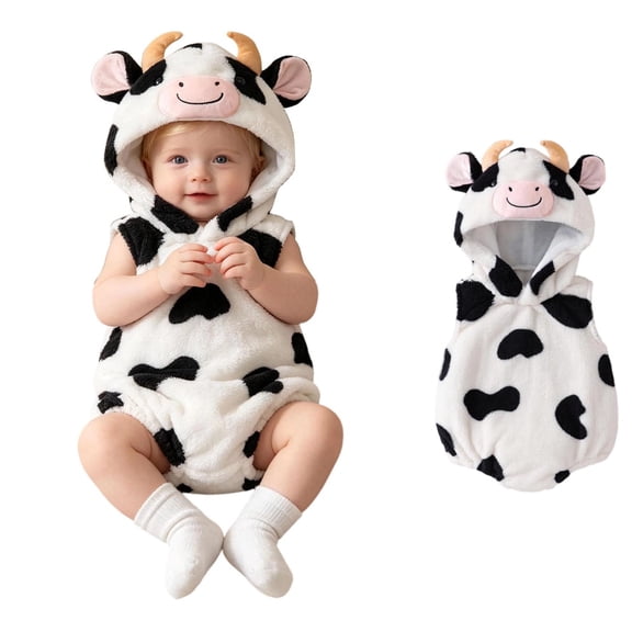 HJYCHN Baby Romper 3D Cow Design Hooded Halloween Zip Closure Sleeveless Dress up Daily Wear Outfit