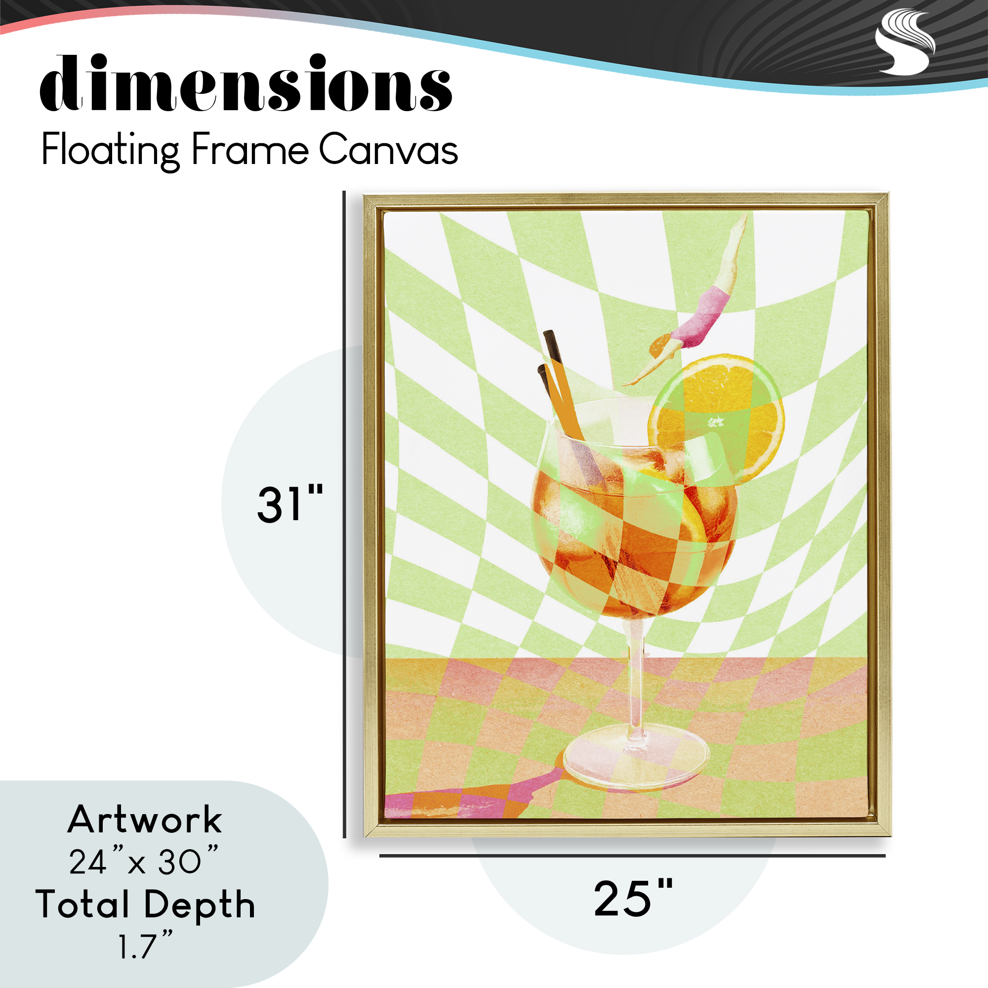 Retro Swimmer Summer Cocktail Gold Framed Floater Canvas Wall Art, design by Lil' Rue