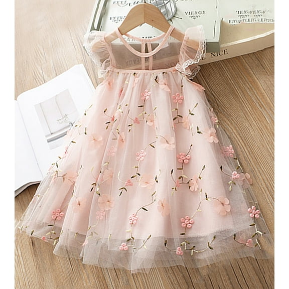 WIBACKER Girls Lace Embroidery Dress Ruffled Sleeve Princess Party Holiday Dresses for Kids