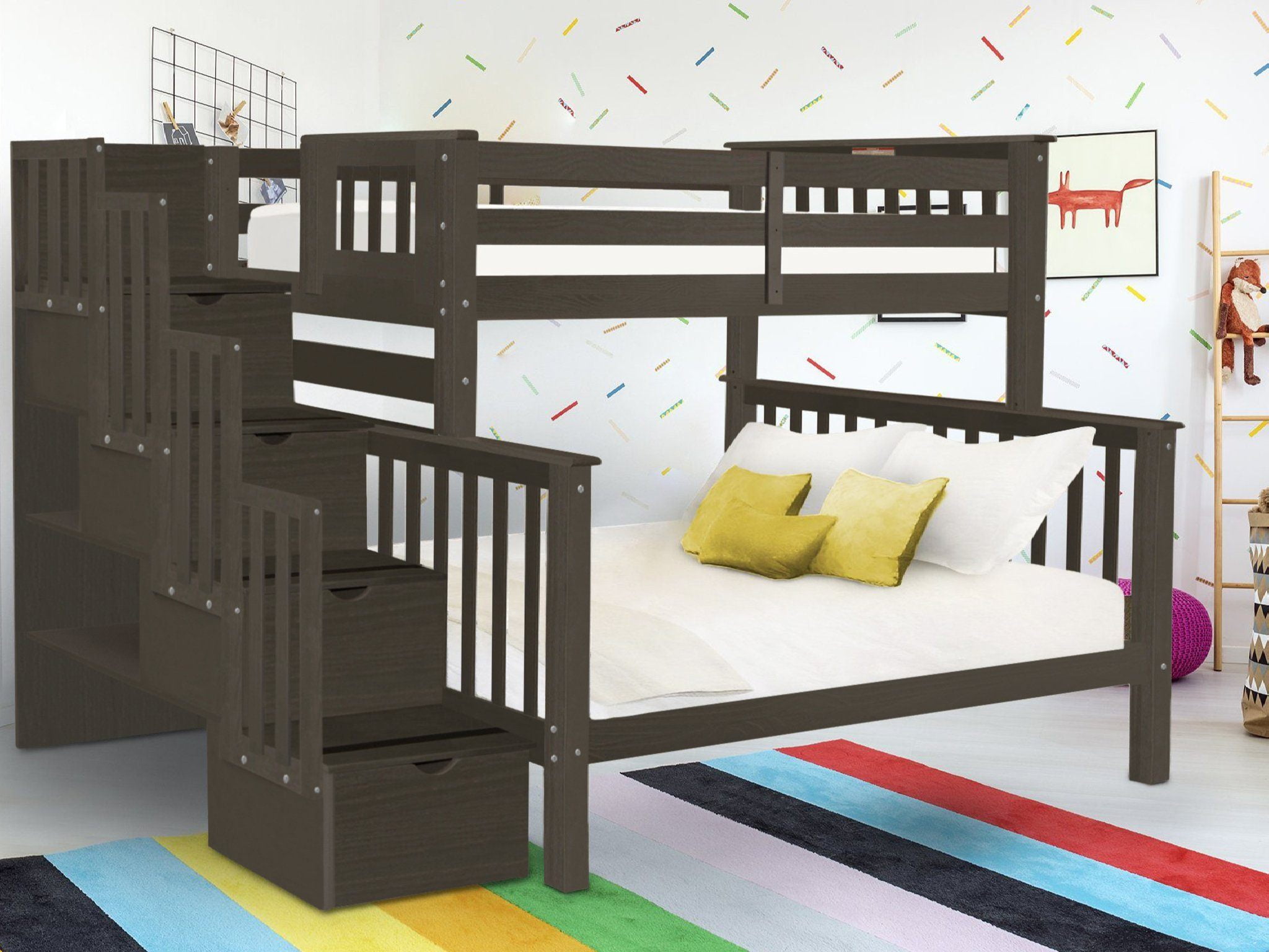 Bedz King Stairway Bunk Beds Twin over Full with 4 Drawers in the Steps