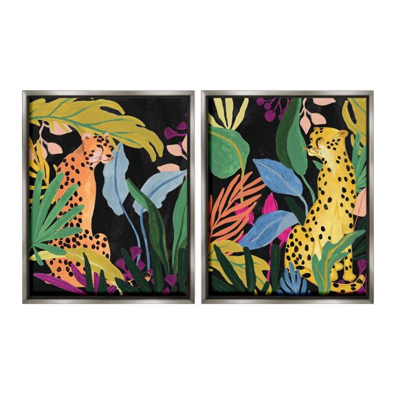 Stupell Industries Leopards & Tropical Leaves Animals & Insects Painting Gray Floater Framed Canvas Art Print Wall Art, 17 x 21, Set of 2