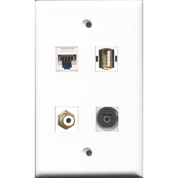 RiteAV 1 Port RCA White and 1 Port USB A-A and 1 Port Toslink and 1 Port Cat5e Ethernet White Wall Plate