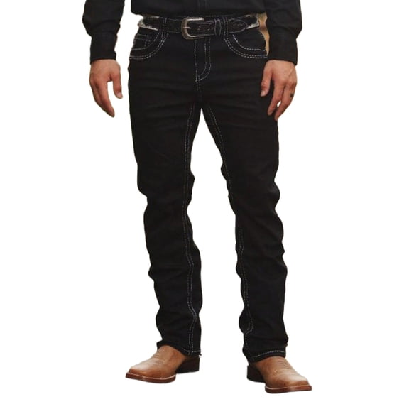 Reppunk Men's Black Contrast Stitch Bootcut Western Jeans, Classic Mid Rise Stretch Denim Pants for Business Casual Daily Work Wear