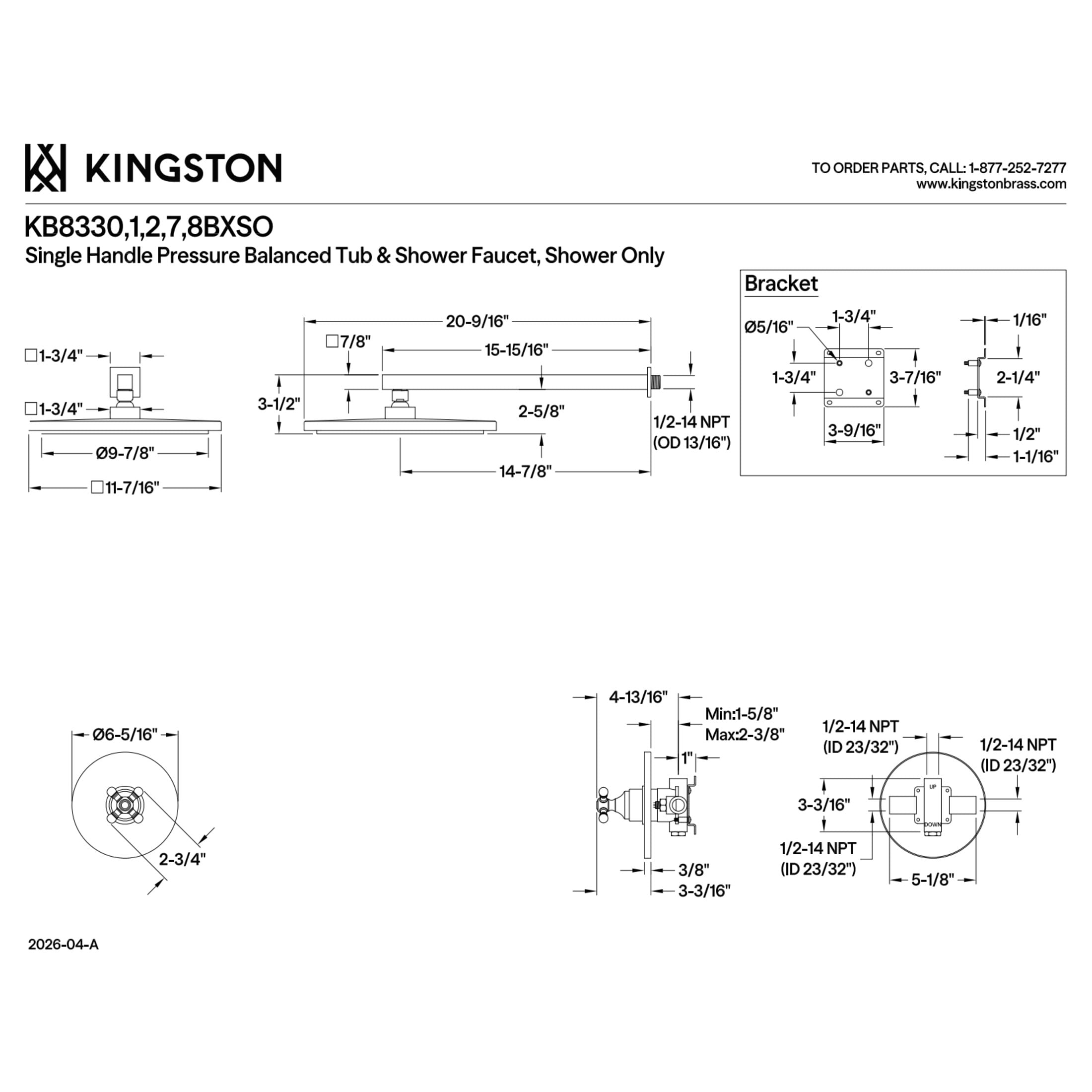 Kingston Brass KB8332BXSO Metropolitan Single-Handle Pressure Balanced Shower Faucet, Polished Brass