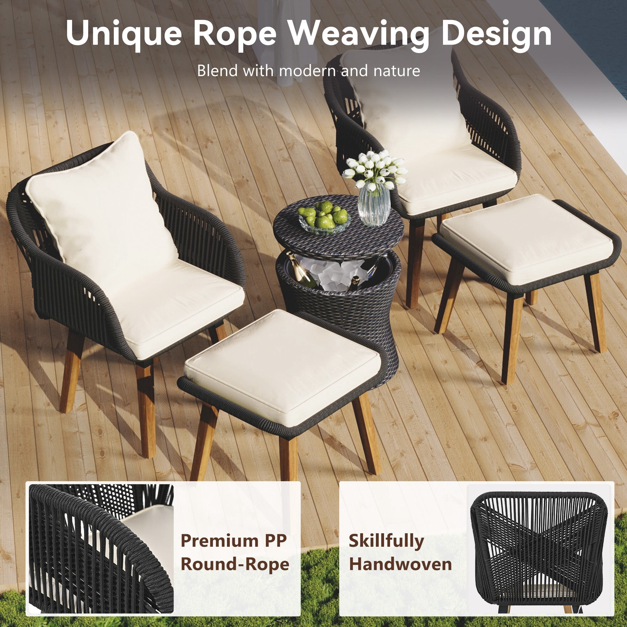 AENKYO 5-Piece Outdoor Rope Woven Patio Conversation Set with Pop-Up Cooler Bar Table, Black Rope with Off-White Cushions
