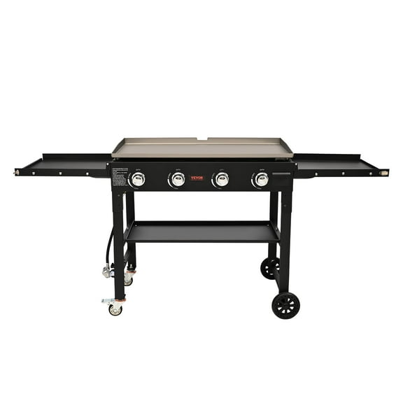 Commercial Griddle on Cart, 36" Heavy Duty Manual Flat Top Griddle, Outdoor Cooking Station with Side Shelves, Steel LPG Gas Griddle, 4-Burners Restaurant Portable Grill - 60,000 BTU