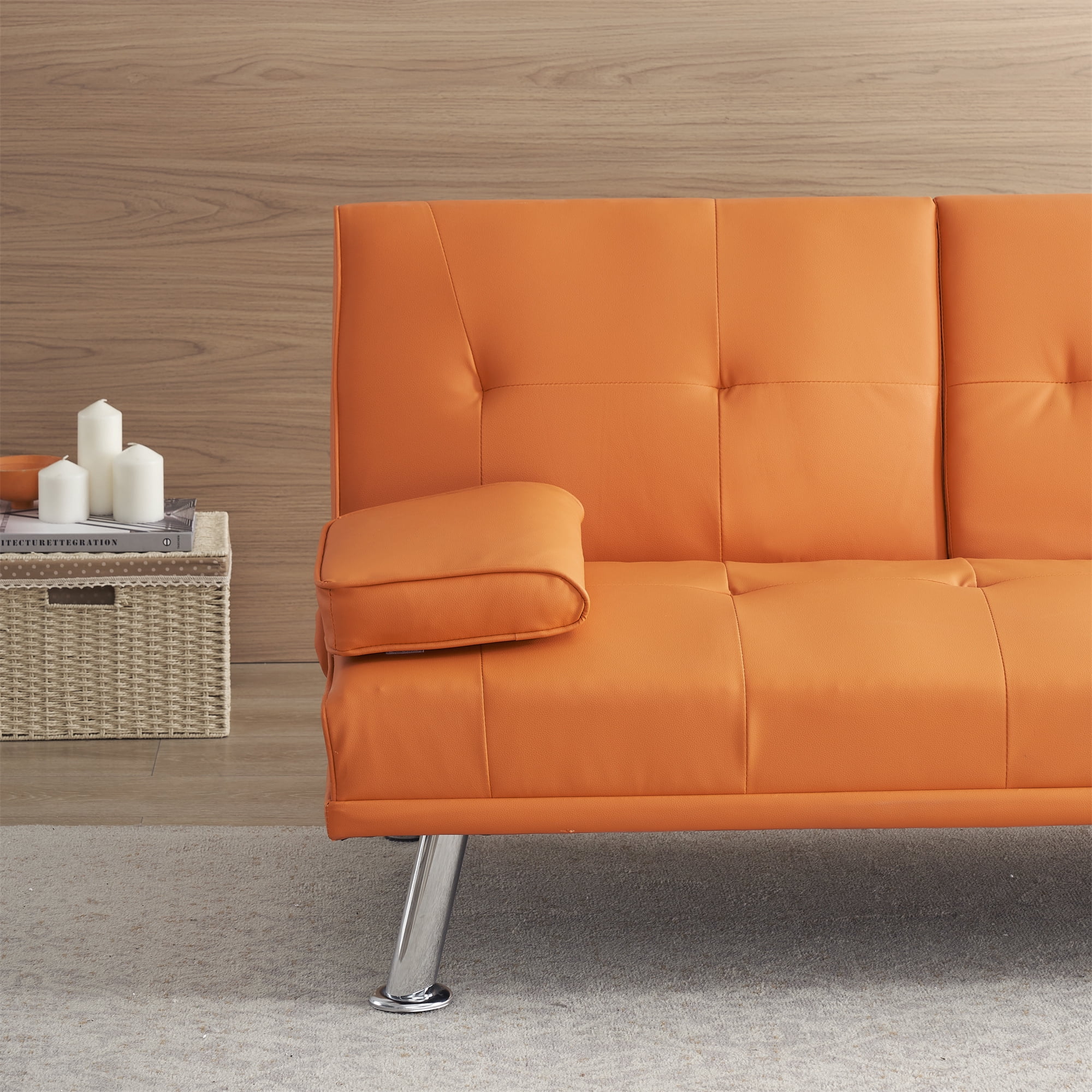 Aukfa Convertible Futon Sofa Bed with Cupholder&Pillow for Home Office Twin Size, Leather, Orange