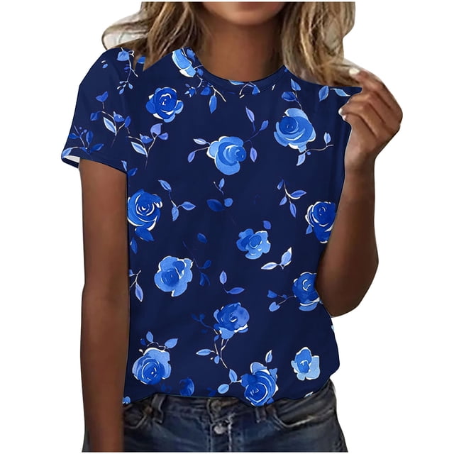 Tops de Ajuste Suelto para las Mujeres Impreso Manga Corta Suéter Camiseta Cuello Redondo Blusa Casual, Top de Moda para el Uso Diario Y las Salidas