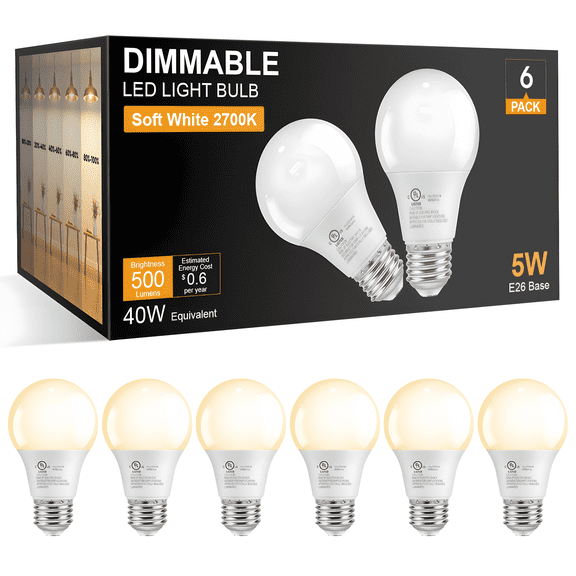DAYBETTER Dimmable LED Light Bulbs 40 Watt Equivalent, E26 Base A19 Standard LED Bulbs, Soft Warm White 2700K Lightbulbs, 5W Energy Saving Light Bulbs for Home, 500 LM, 80  CRI, 120V, UL, 6 Pack