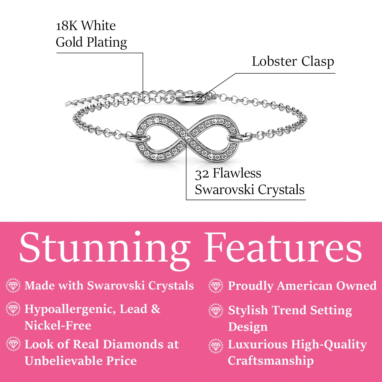 Cate & Chloe Morgan 18k White Gold Plated Infinity Bracelet with Swarovski Crystals Gift for Women