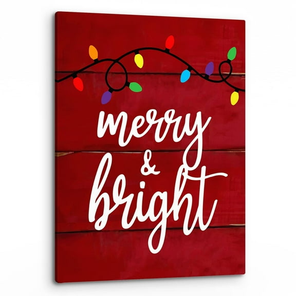Merry And Bright Wall Art,Christmas Canvas Wall Art,Farmhouse Rustic Christmas Sign String Lights Red Festive Print Framed Canvas Painting Wall Art Home Room Bedroom Decor