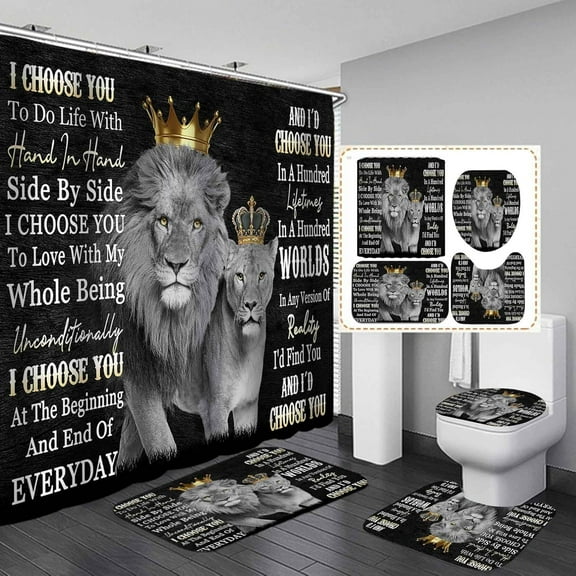 4PCS Lion King & Queen Shower Curtain Set, I Choose You Romantic Quotes Lion Couple African Safari Wild Animal Bathroom Decor Black Shower Curtain, Non-Slip Bath Mat, for Him