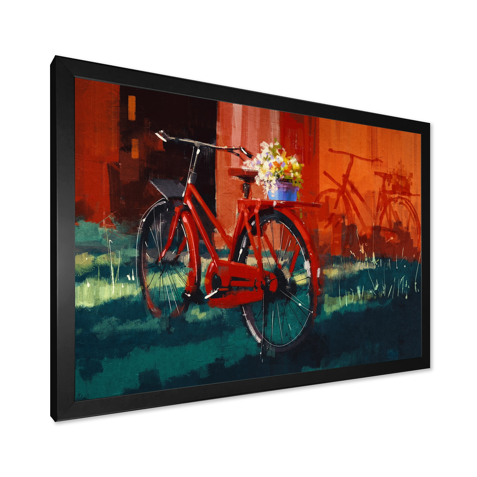 Designart 'Red VIntage Bicycle With Flowers Bucket' Vintage Framed Art Print
