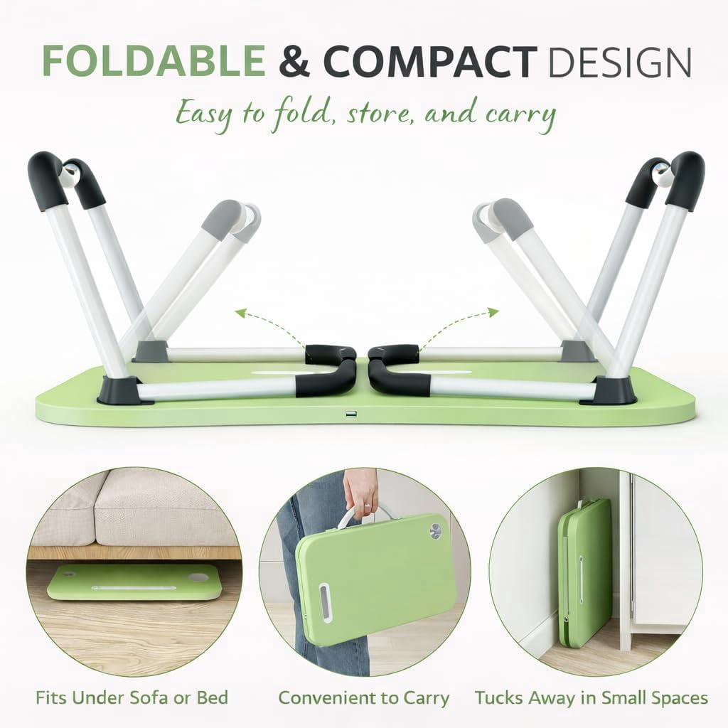 WSA Foldable Lap Desk with Drawer & Cup Holder, 23.6” Portable Laptop Bed Tray Table with Tablet Slot, Non-Slip Laptop Desk for Bed Couch Sofa, Working Writing Eating Breakfast (Green)