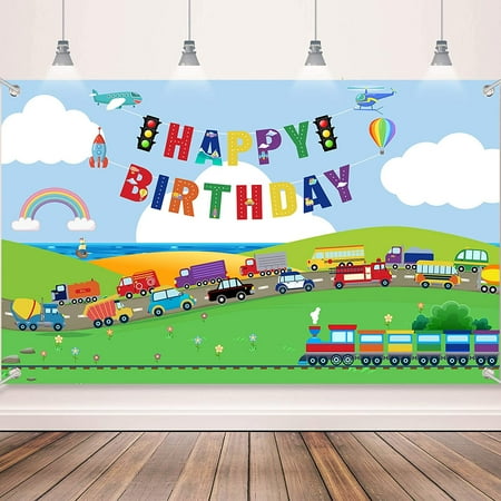 Transportation Birthday Party Supplies Traffic Backdrop Photography Background Transportation Happy Birthday Banner Decoration Cake Table Banner for Boys Car Train Plane Ship Photo Party