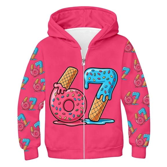 67 shirt G'irls Cartoon Print Hooded Zip Up Jacket Long Sleeve Athletic Outerwear For K'ids Casual Warm Lined Coat