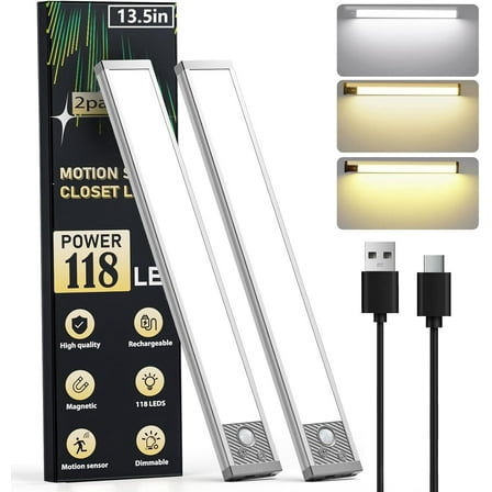 Under Cabinet Lighting,3200mAh Rechargeable 118LED Magnetic Light Bar Indoor, 3 Color Under Cabinet Lights Motion Sensor, ,2Pack，Wireless Battery Operated Closet Lights for Kitchen Home Stairs