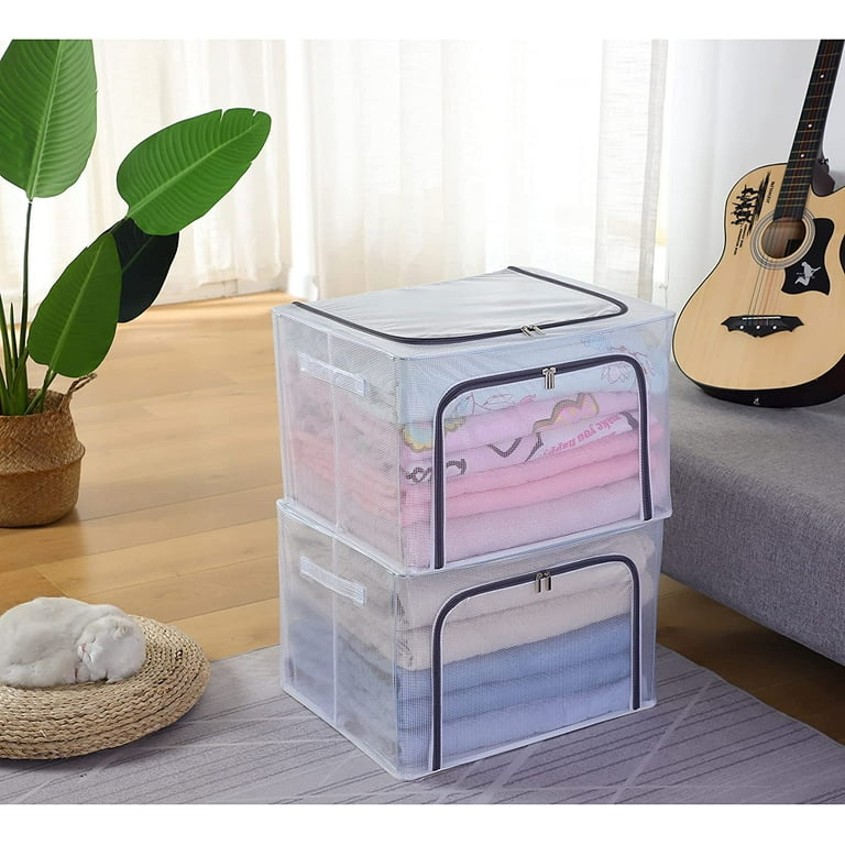 2 Pack Stackable Closet Clear Storage Bins with Lids Waterproof Foldable Steel Frame Storage Box for Clothes 30L Baby Cloth Storage bag Organizer for