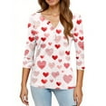 thumbnail image 4 of Valentine Shirts for Women Loose Button V Neck T-Shirts Funny Love Hearts Graphic Tunic Tops Casual 3/4 Sleeve Pullover Holiday Three Quarter Length Blouses Red 2XL, 4 of 5