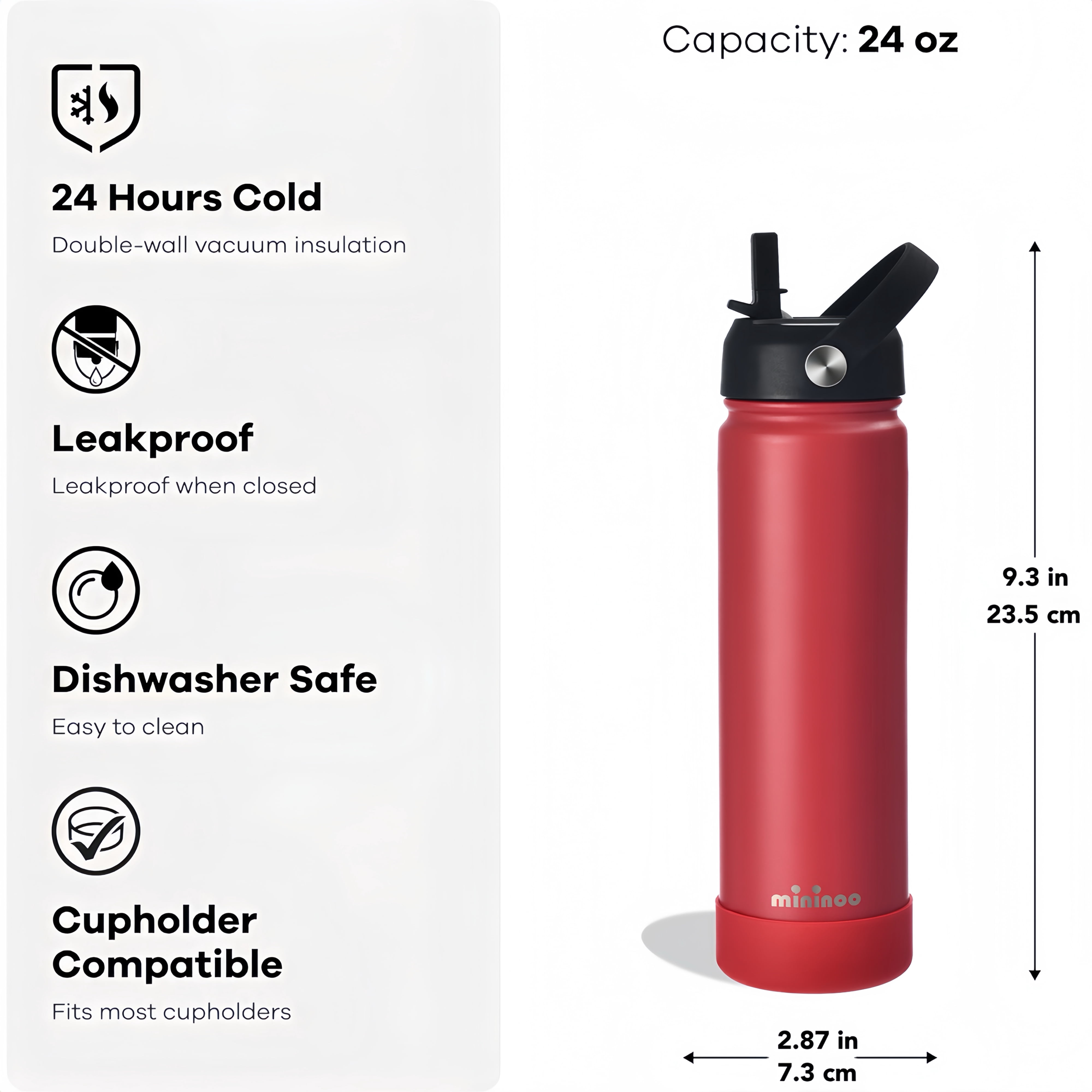 Mininoo 24 oz Insulated Stainless Steel Water Bottle with Straw Lid, Ceramic-Lined, BPA-Free, Red