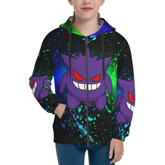 Gengar Teens Boys Girls Zip Up Hoodies 3d Print Long Sleeve Hooded Sweatshirt Jacket With Pocket Small