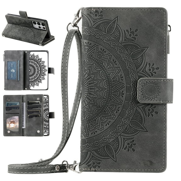 Nalacover for Samsung Galaxy S21 Ultra Embossed Floral Pattern PU Leather Crossbody Case with Shoulder Strap,Shockproof Magnetic Flip Kickstand Credit Card Slots Zipper Pocket Wallet Phone Case,Gray