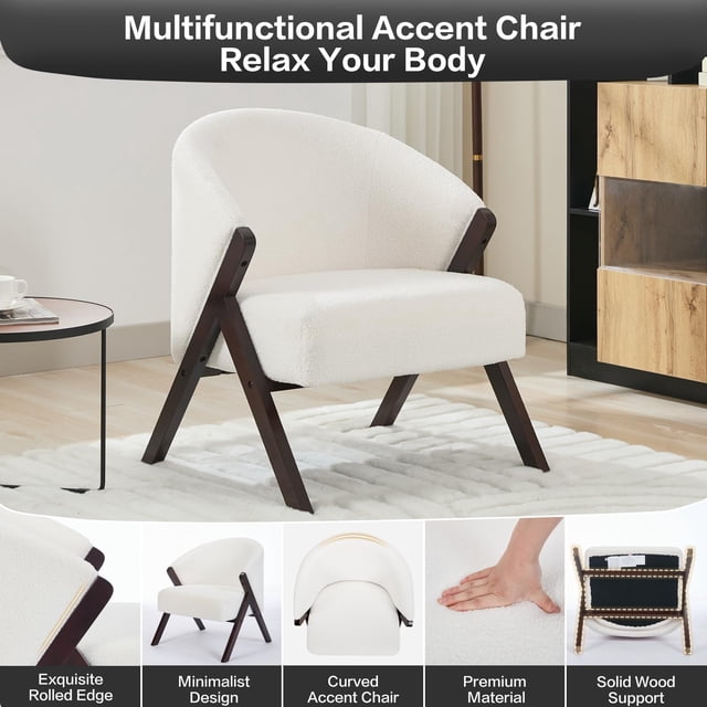 QinaQin Sillón accent mid century de tela lino con estructura de madera, asiento cómodo tapizado para sala, recámara o rincón de lectura, fácil armado