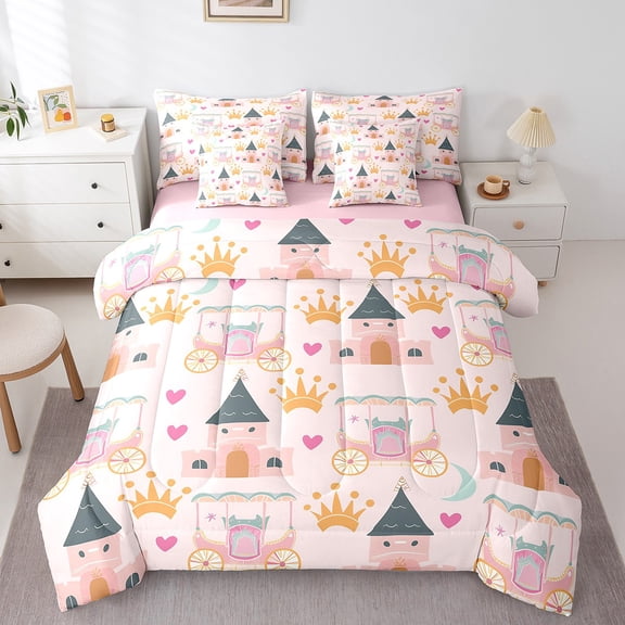 Erosebridal Dreamy Castle Bedding, Kawaii Princess Bed in a Bag, Pumpkin Cart Reversible Bed Set, Microfiber Room Decoration, 7pcs