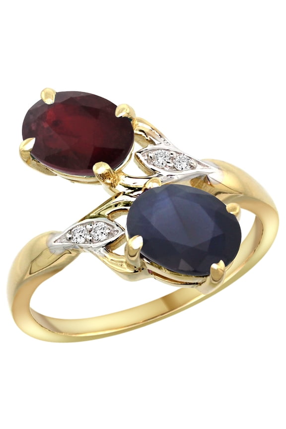 14k Yellow Gold Diamond Natural HQ Ruby & HQ Blue Sapphire 2-stone Ring Oval 8x6mm, size 10
