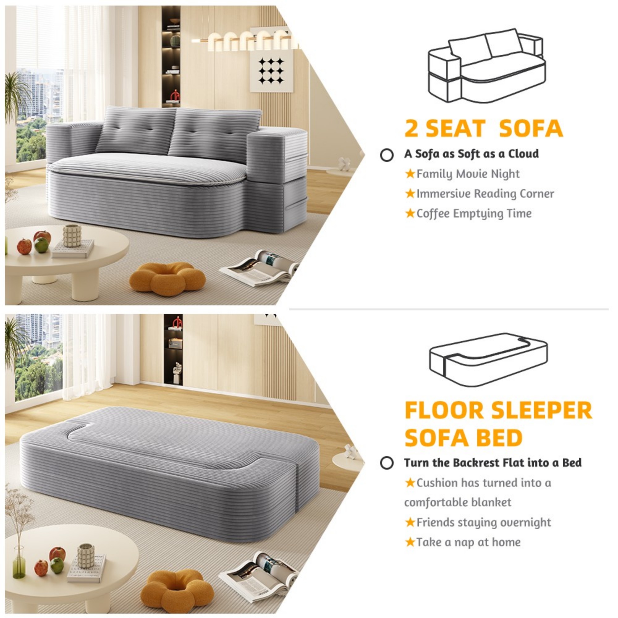 2-in-1 Convertible Sleeper Sofa Bed,78.7" Modern Foldable Sofa Plush Corduroy Fabric Sofa,Deep Seat Sofa Couch for Living Room, Bedroom,LIGHT GREY