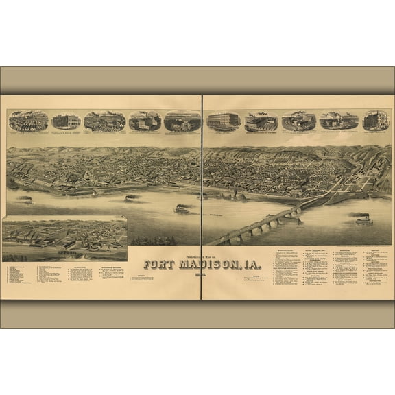 24"x36" Gallery Poster, birdseye view map of Fort Madison, Iowa 1889
