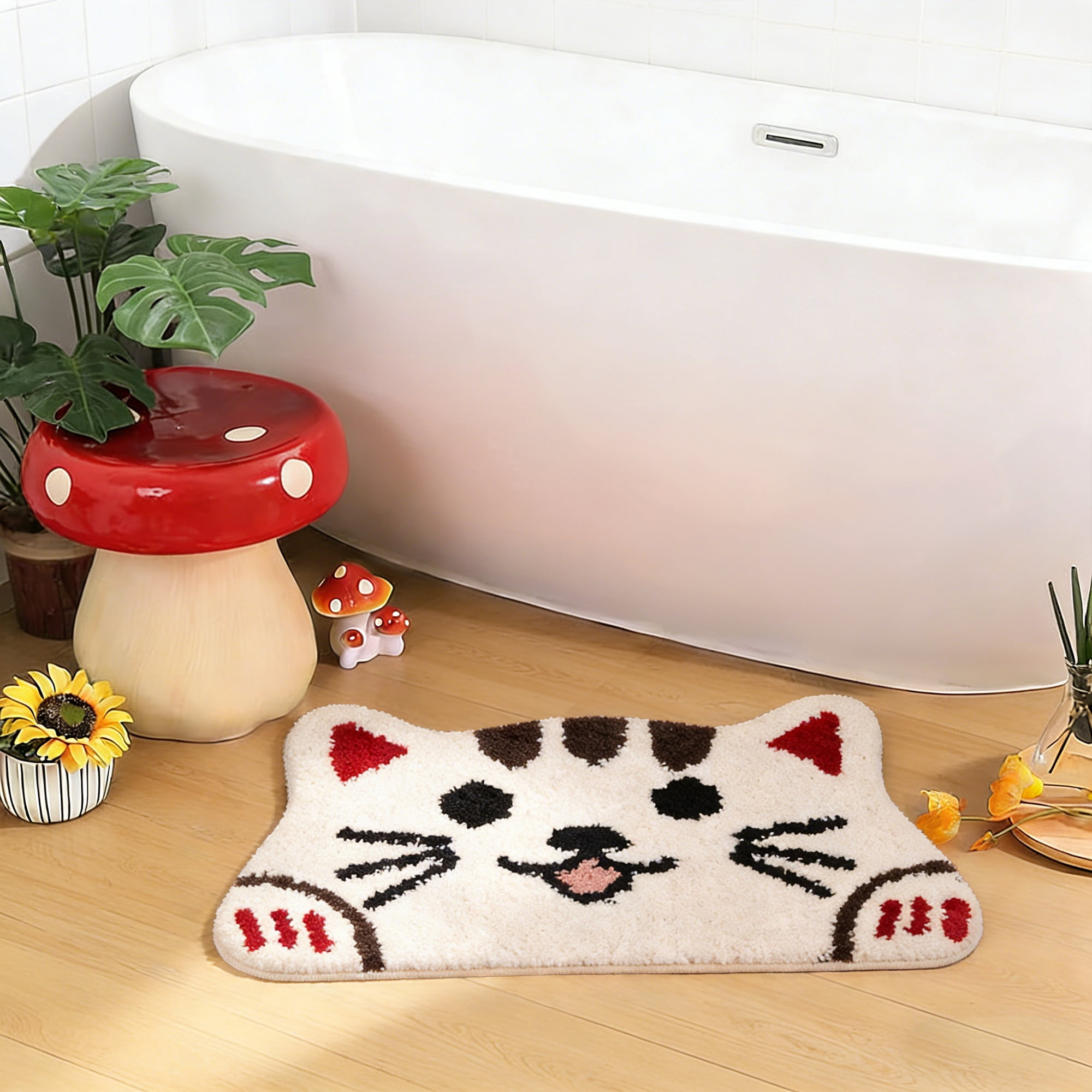Kaisaatti Super Soft Absorbent Bath Mat-Cute Animal Pattern, Non-Slip TPE Backing, Machine Washable Quick Dry Bathroom Rug,15.7x27.6"(white cat,2pack)