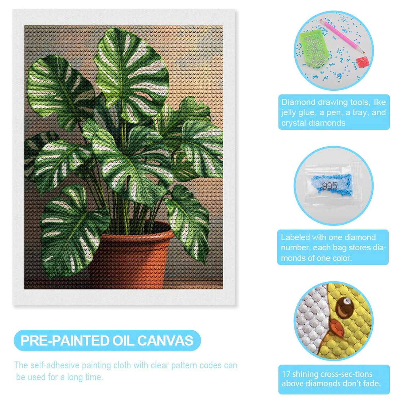 Diamond Art Kits for Adults, Plant Green Leaves Terra Cotta Pot 5D Diamond Painting Kits for Adults Beginners, DIY Full Drill Diamond Painting, Gem Art and Crafts 12x16