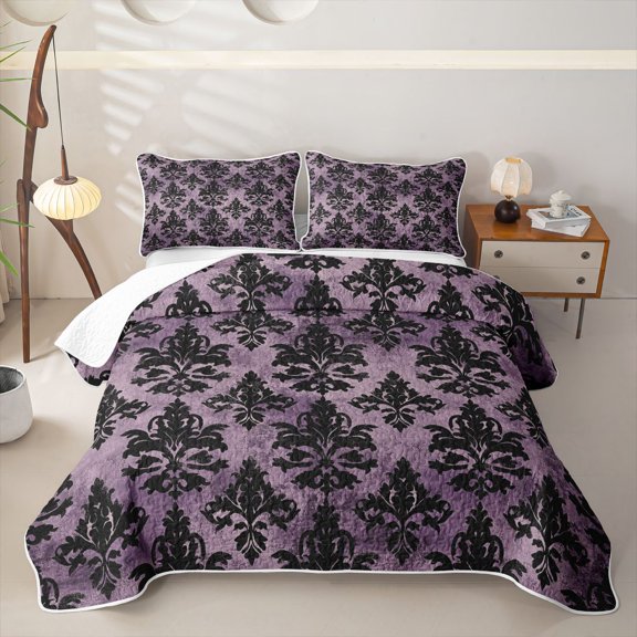 jejeloiu Dramatic Damask Twin Quilt Set,Gothic Print Twin Coverlet Set For Adults,Purple Black,2pcs