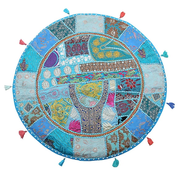 Stylo Culture Indian Indian Floor Cushion Cover Vintage Patchwork Meditation Pillow Case Turquoise 28x28 Large Decorative Round Decor Seating Tuffet Seat Pouf Cover Footstool Cotton Embroidered 1 Pc