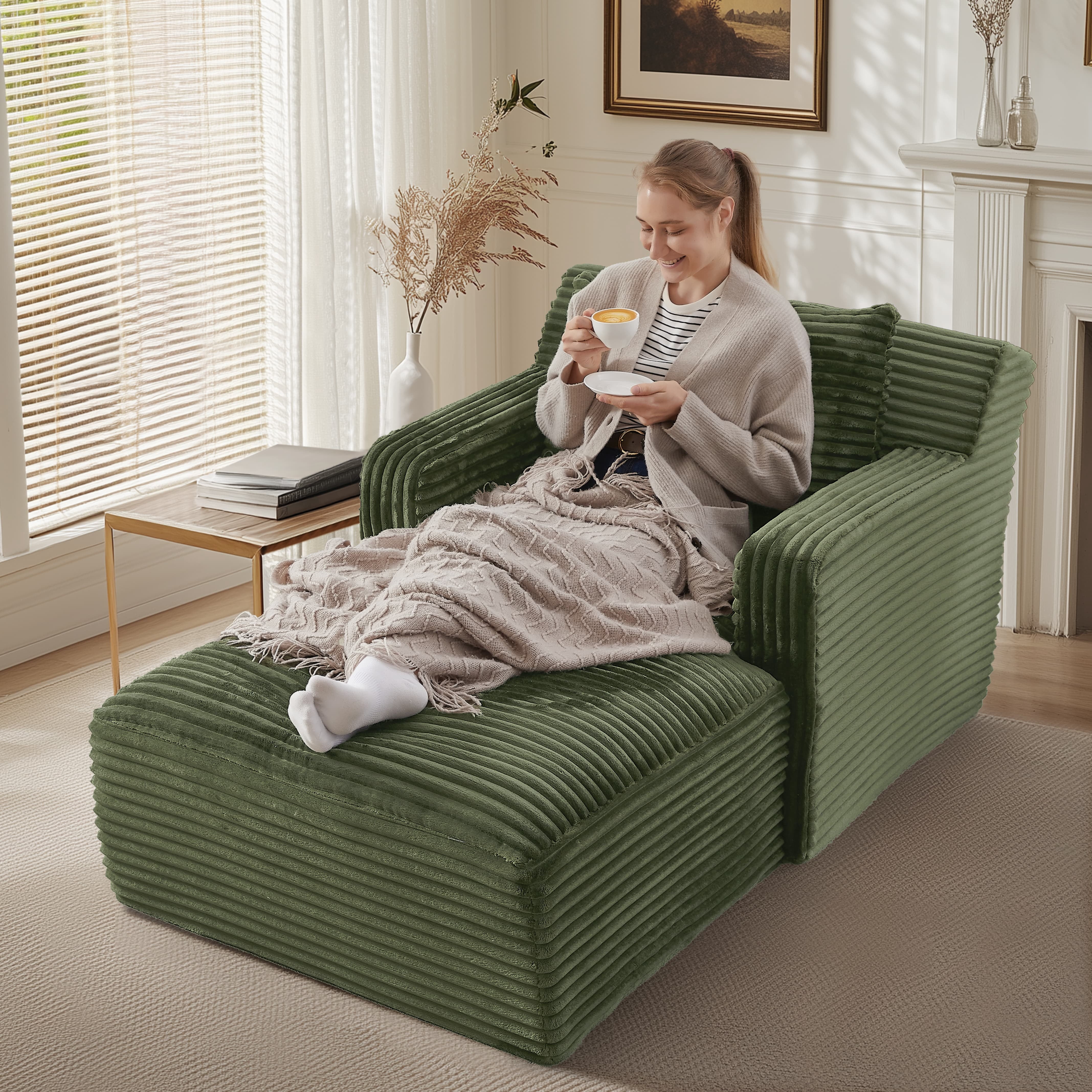 MAYEERTY Single Corduroy Chaise Lounge Sofa, Modern Couch with Spring Cushion for Apartment, 65*39*33"Green