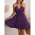 thumbnail image 7 of Womens Purple Sleeveless Ruched Halter Neck Ruffle Hem Mini Dress, 7 of 7
